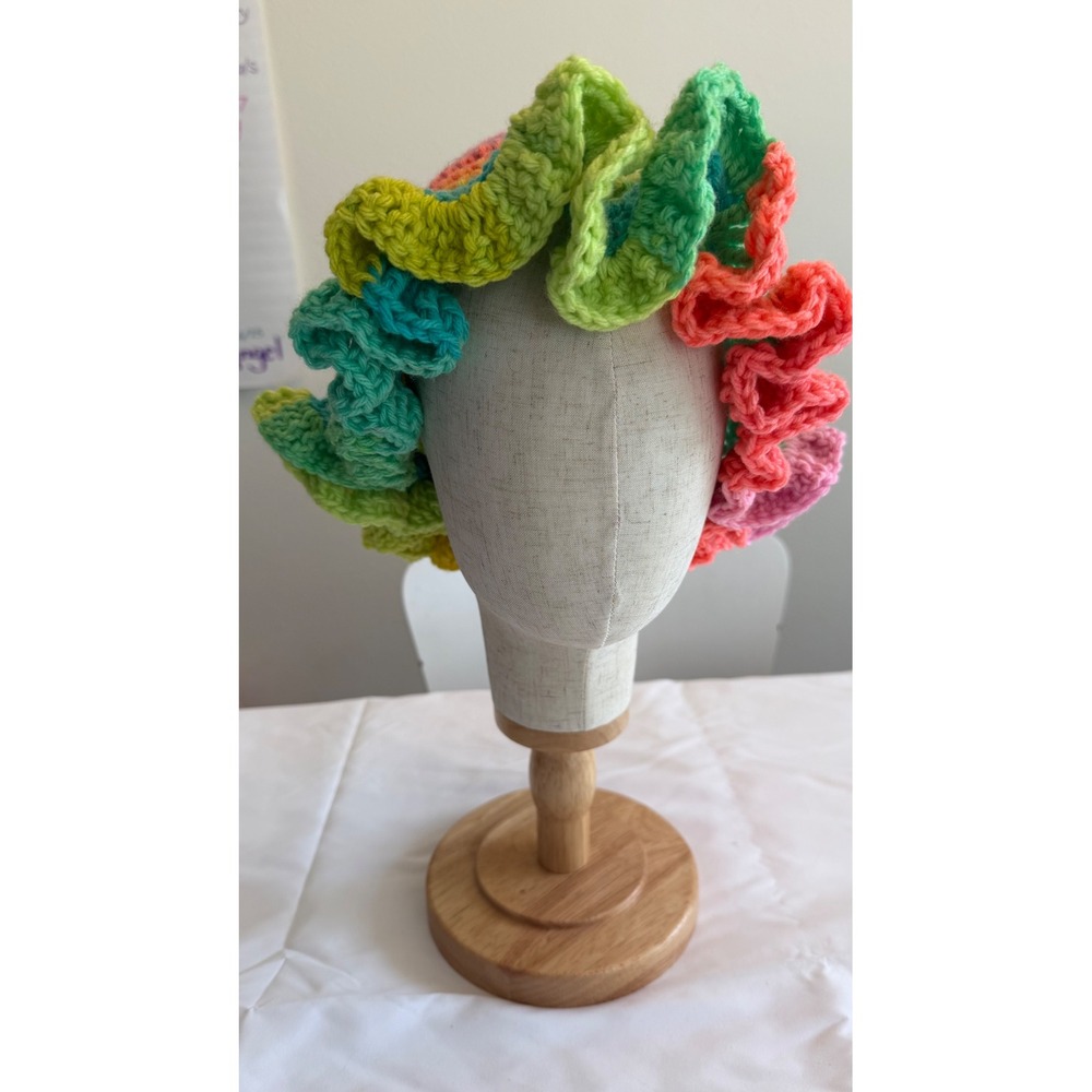 Rainbow Sherbert Ruffle Bucket Hat Handmade Crochet‎